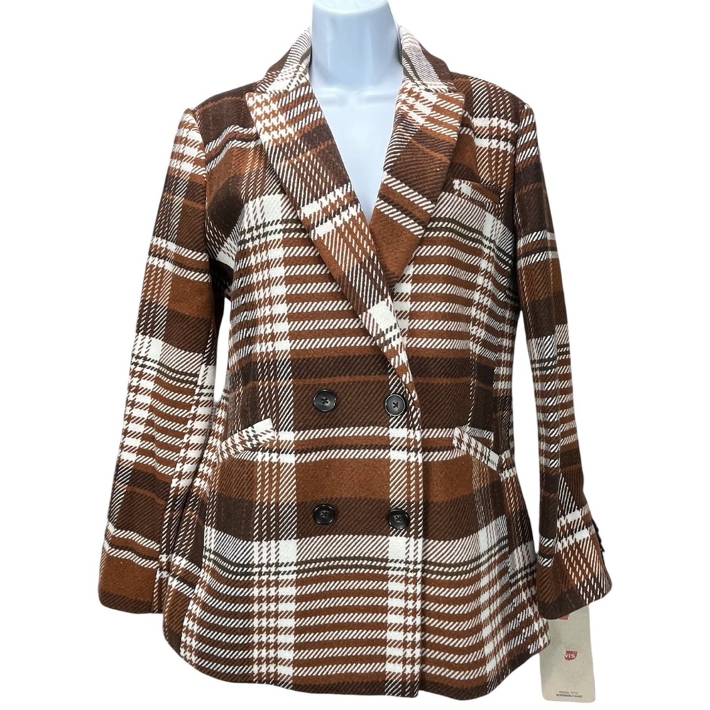 Levi’s Women’s Small Brown Harvest‎ Plaid Wool Blend Double Breasted Blazer Coat